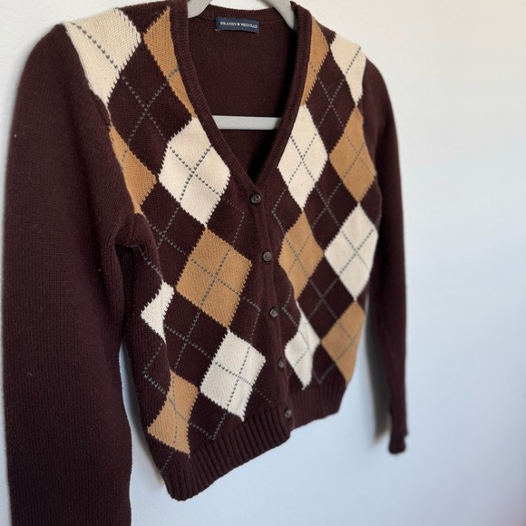 Brandy Melville John Galt Brown White Elizabeth Sweater Argyle Print Cardigan OS - Picture 7 of 9